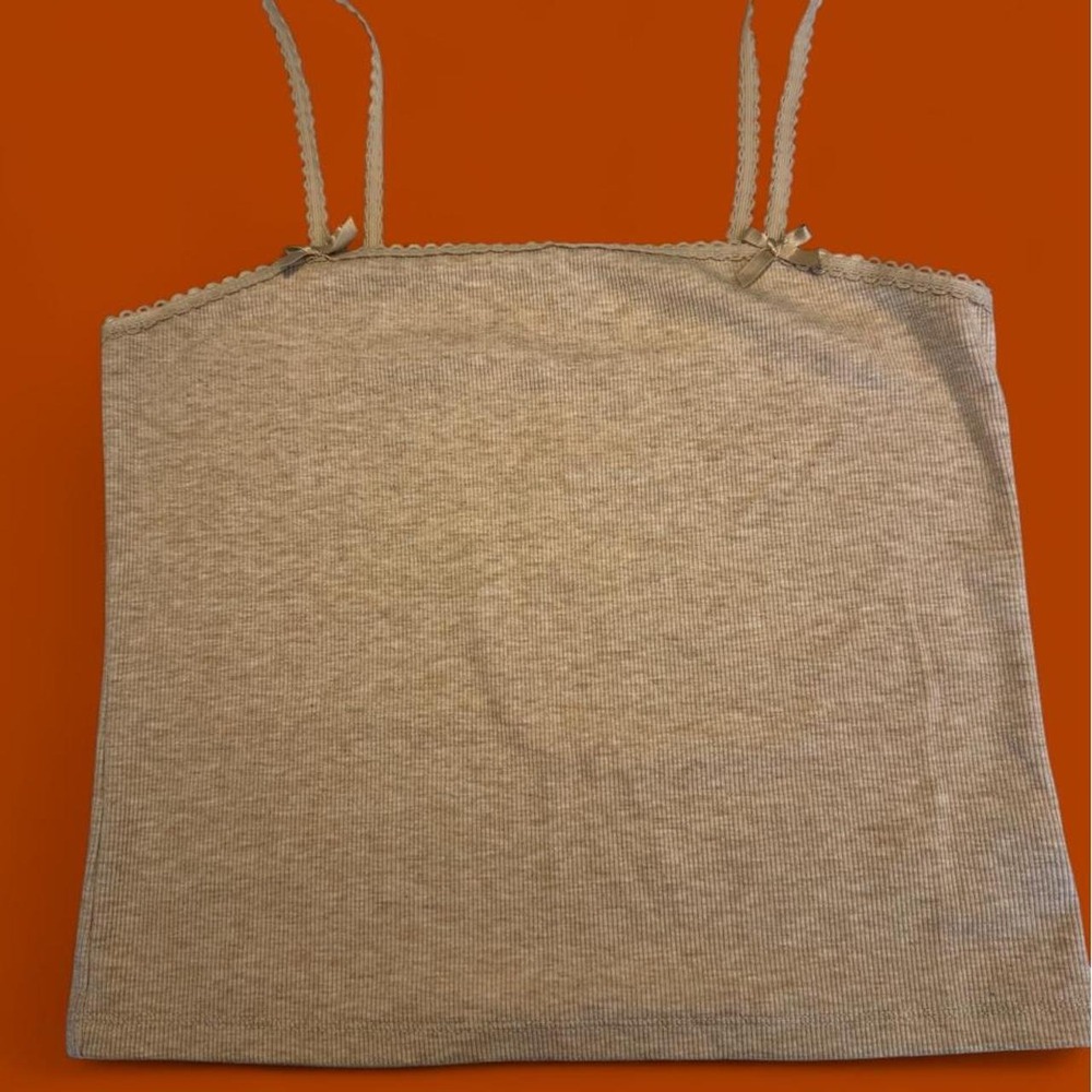 American Eagle Tan Ribbed Lace Trim Cami Crop Top Medium Bow Spaghetti Strap